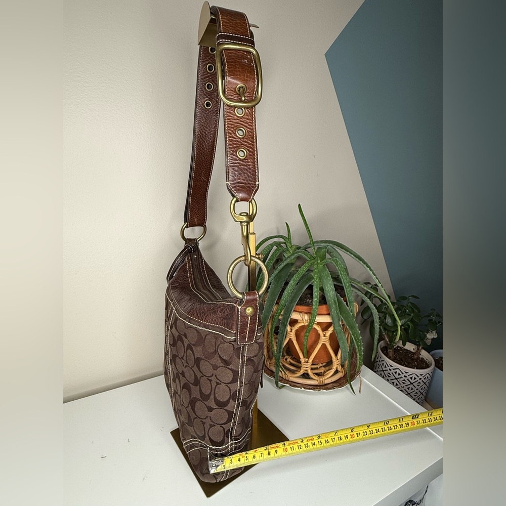 Coach Signature Brown Canvas Hobo Bag Leather Trim Y2K Vintage Crossbody Purse - Picture 13 of 14